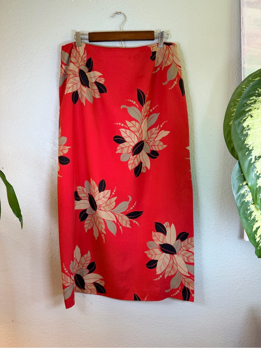 Jones New York Silk Vintage 90s Red Tan Floral Front Side Slit Maxi Skirt 14